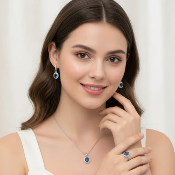 Oval Kesim Mavi Zirkon Taşlı 3 Parça Kadın Gümüş Takı Seti